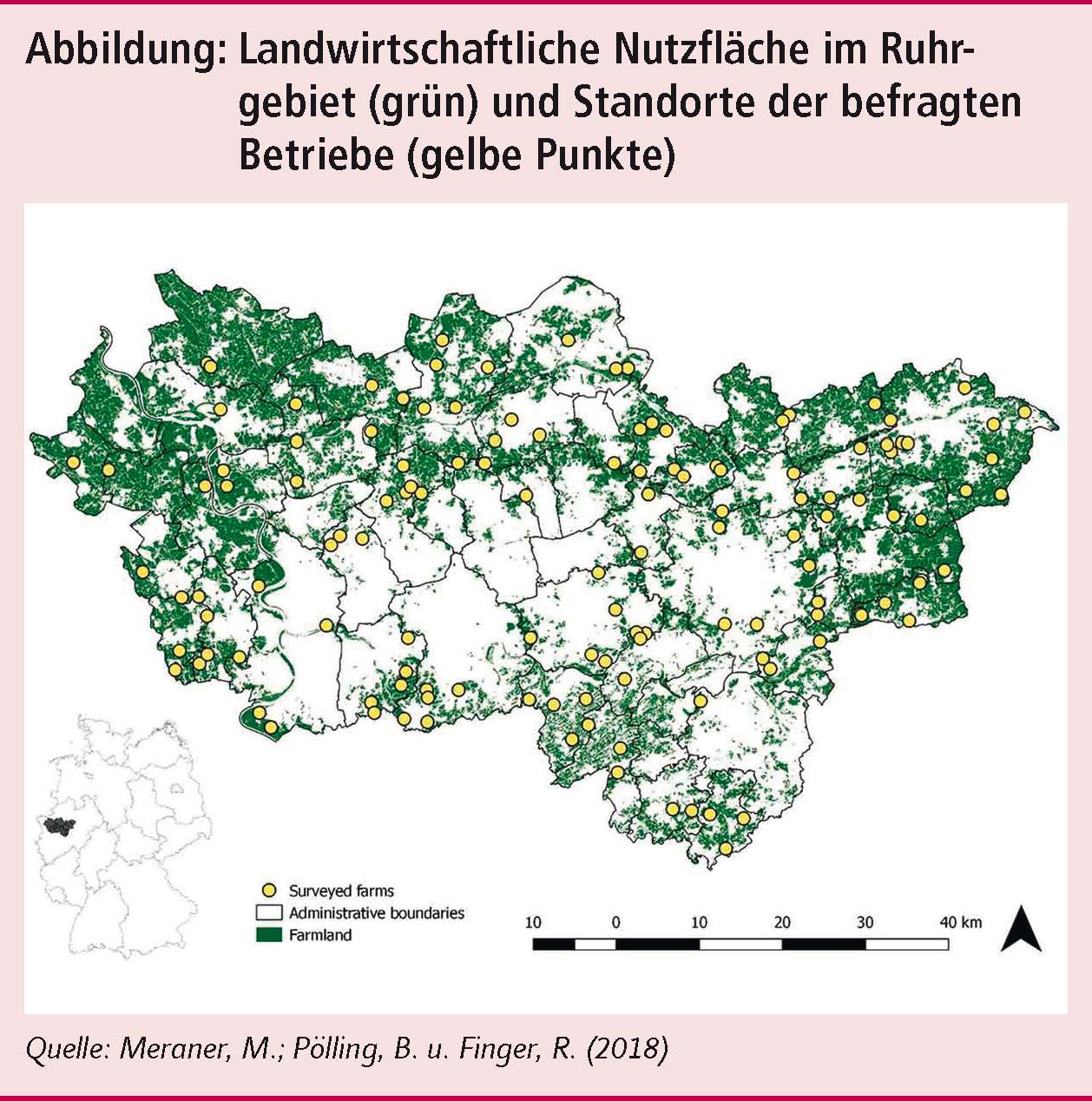 Landwirtschaftliche Nutzfläche im Ruhrgebiet und Standorte der befragten Betriebe - Klick führt zu Großansicht im neuen Fenster